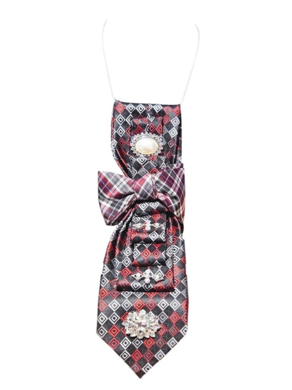 Unbranded Red Black Plaid Embellished Scarf One Size - Picture 7 of 9